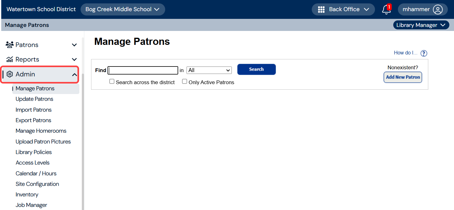 Library Policies page with Admin menu item highlighted.