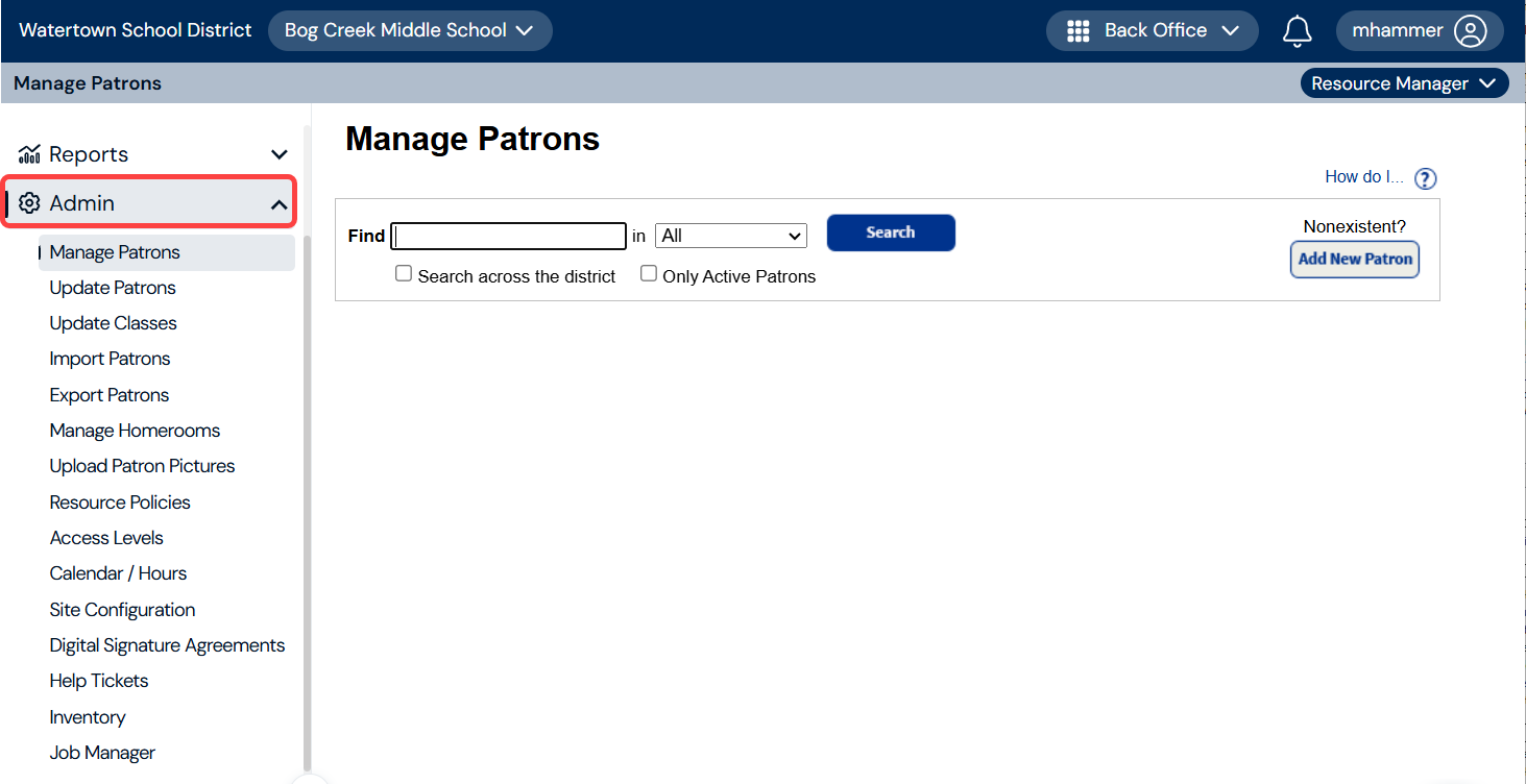 Resource Policies page with Admin menu item highlighted.