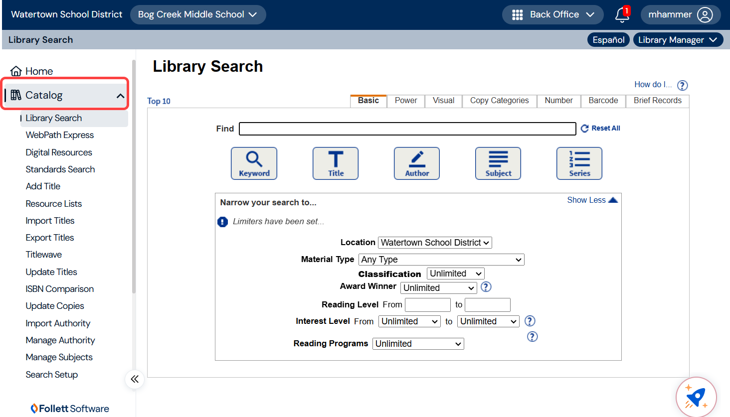 Library Search page with Catalog highlighted.