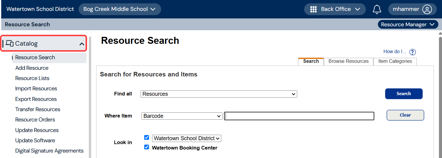 Resource Search page with Catalog menu item highlighted.