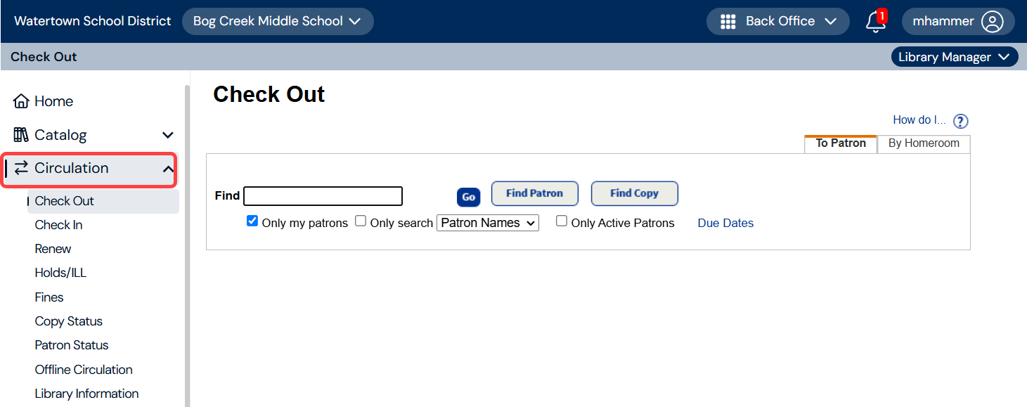 Check Out page with Circulation menu item highlighted.