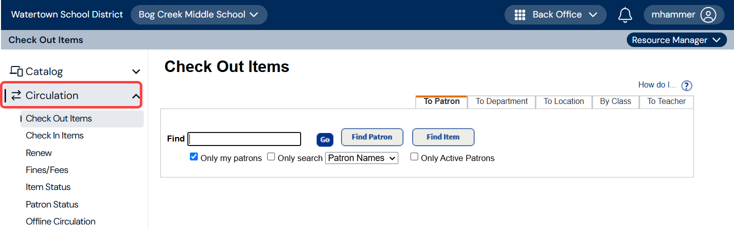 Check Out Items page with Circulation menu item highlighted.