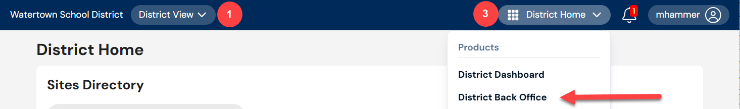 Primary navigation bar with District view and the Applications menu, District Back Office option highlighted.