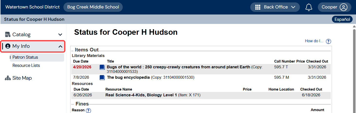 Patron Status page with My Info menu item highlighted.