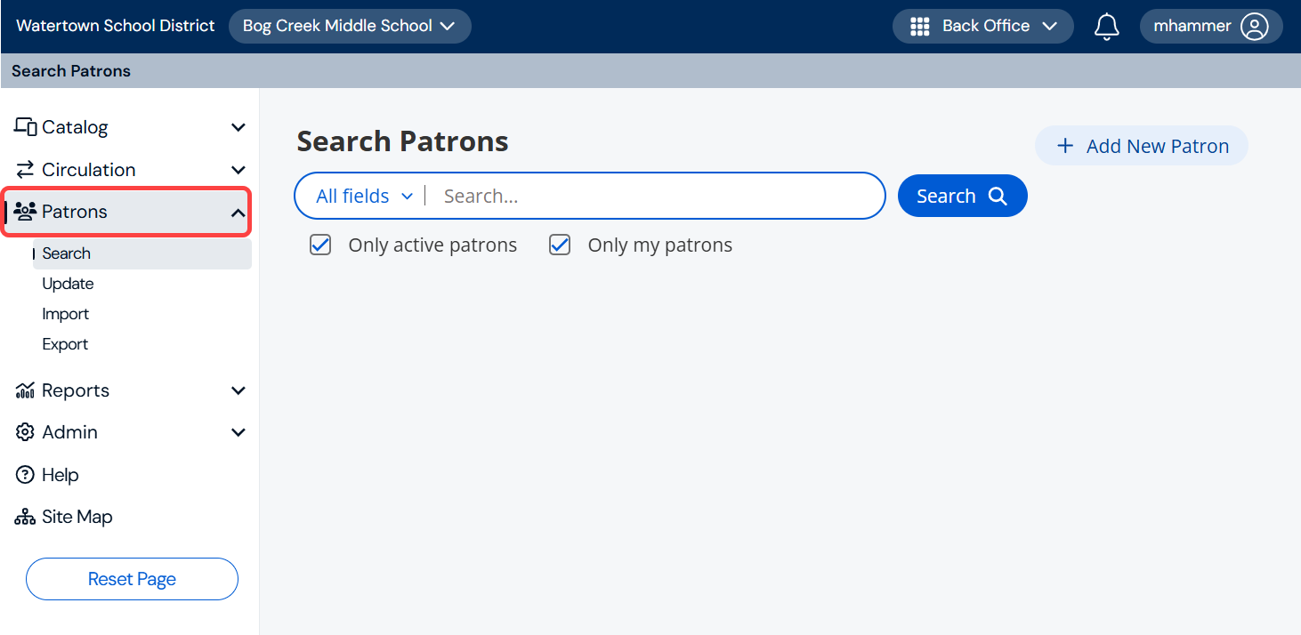 Search Patrons page with Patrons menu item highlighted.
