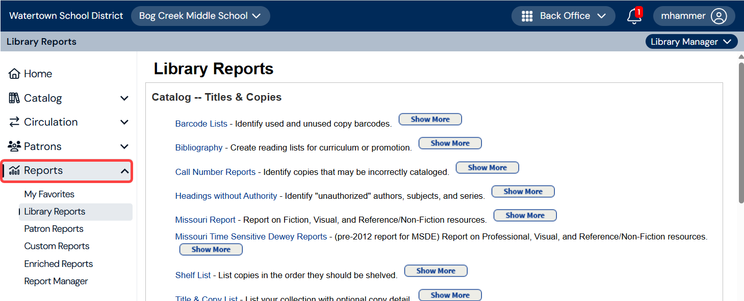Library Reports page with Reports menu option highlighted.