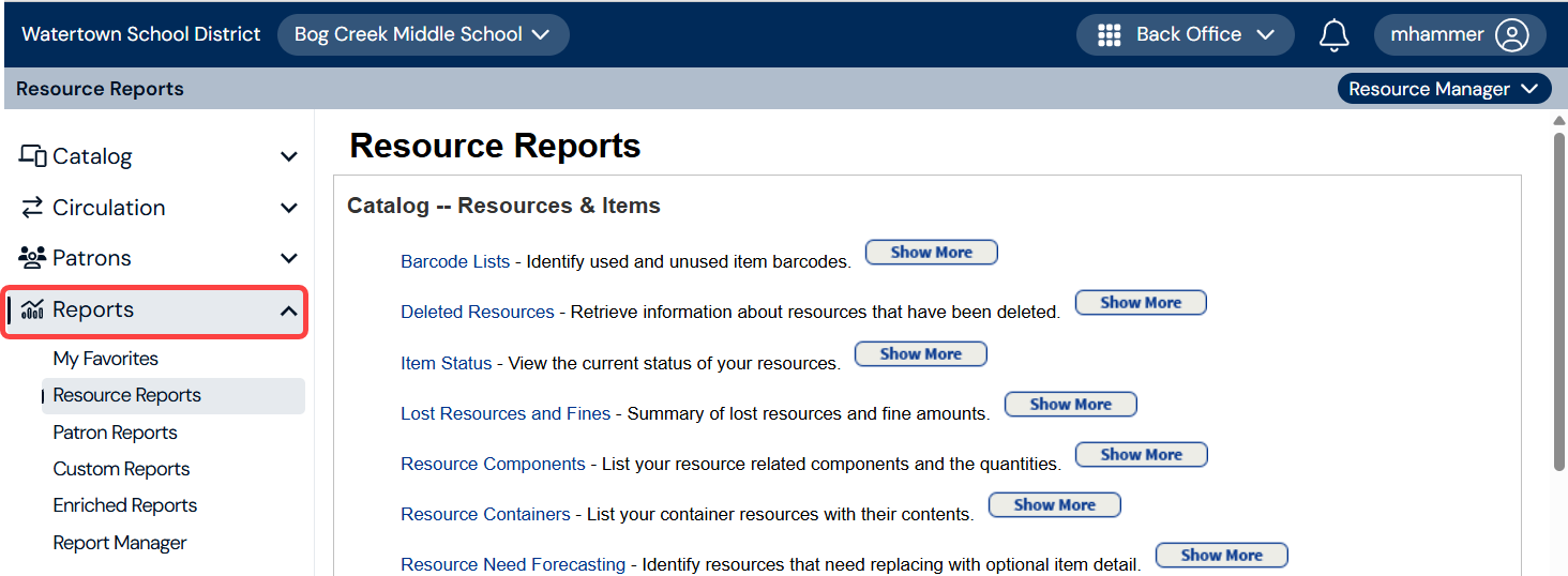 Resource Reports page with Reports menu item highlighted.