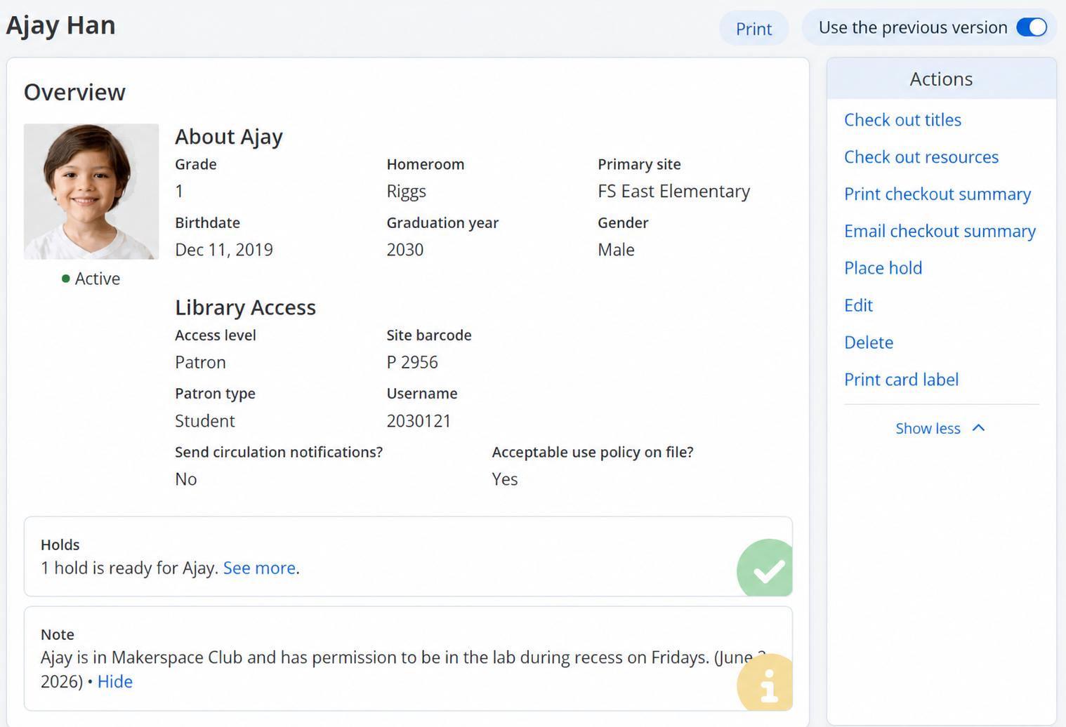 Patron Details page, Overview section.