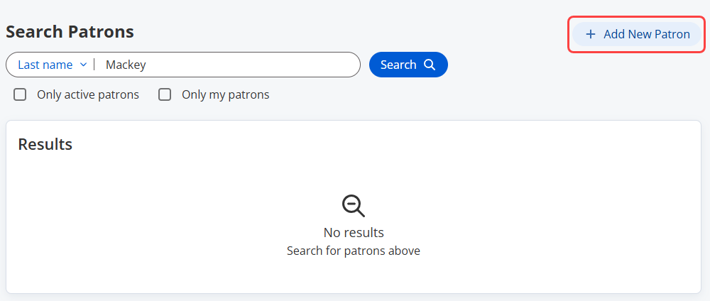 Search Patrons page with no results.