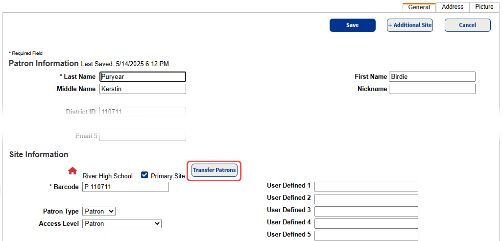 Edit Patron page with Transfer Patrons highlighted.