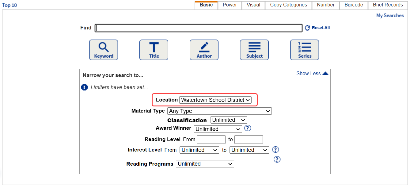 Basic search page with Location drop-down highlighted.