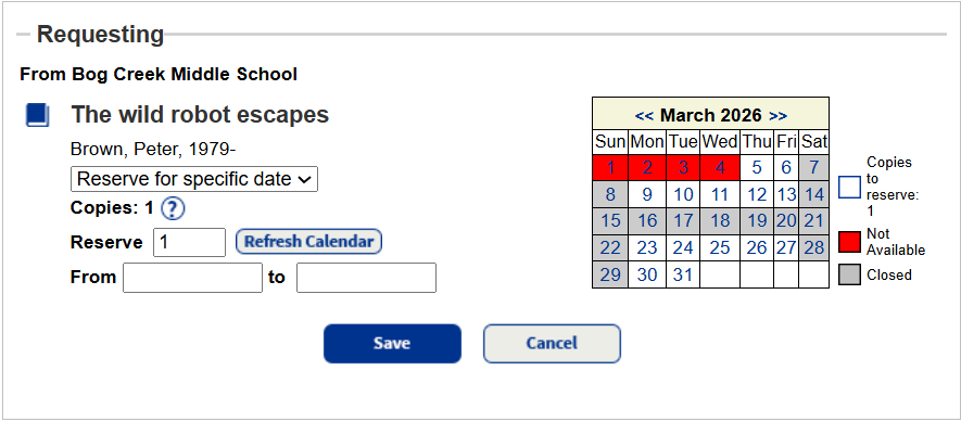 Hold Request page with "Reserve for specific date" selected.