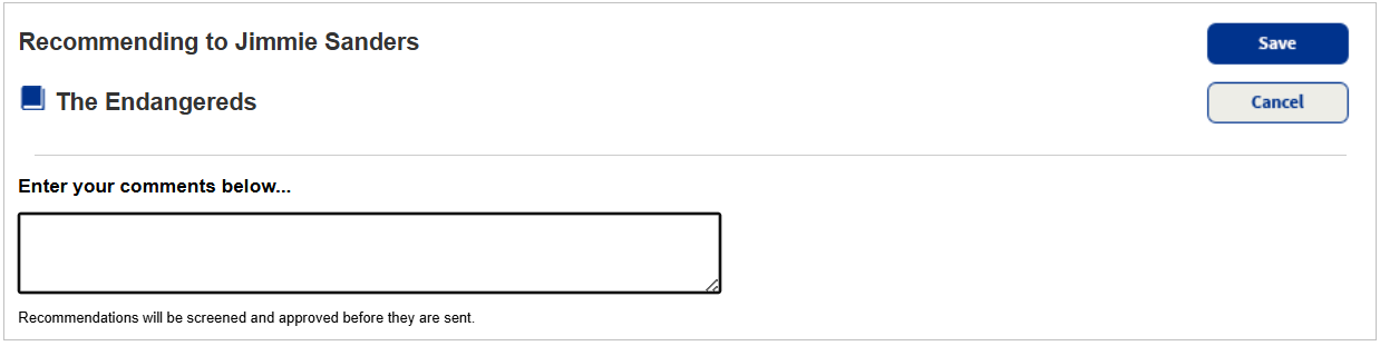 Recommendation page with comments field.