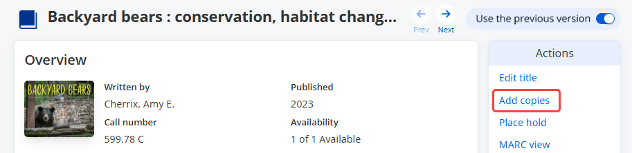 Title Details with Add copies highlighted.
