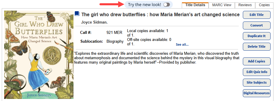 Title Details page with "Try the new look!" toggle highlighted.