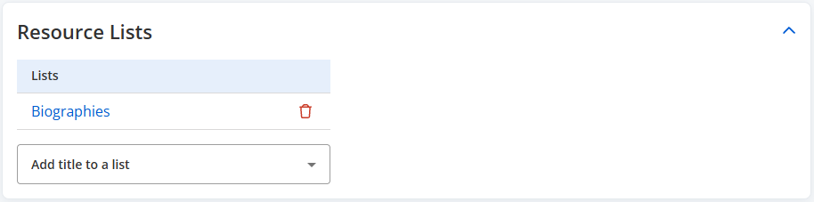 Title Details page Resource Lists section.