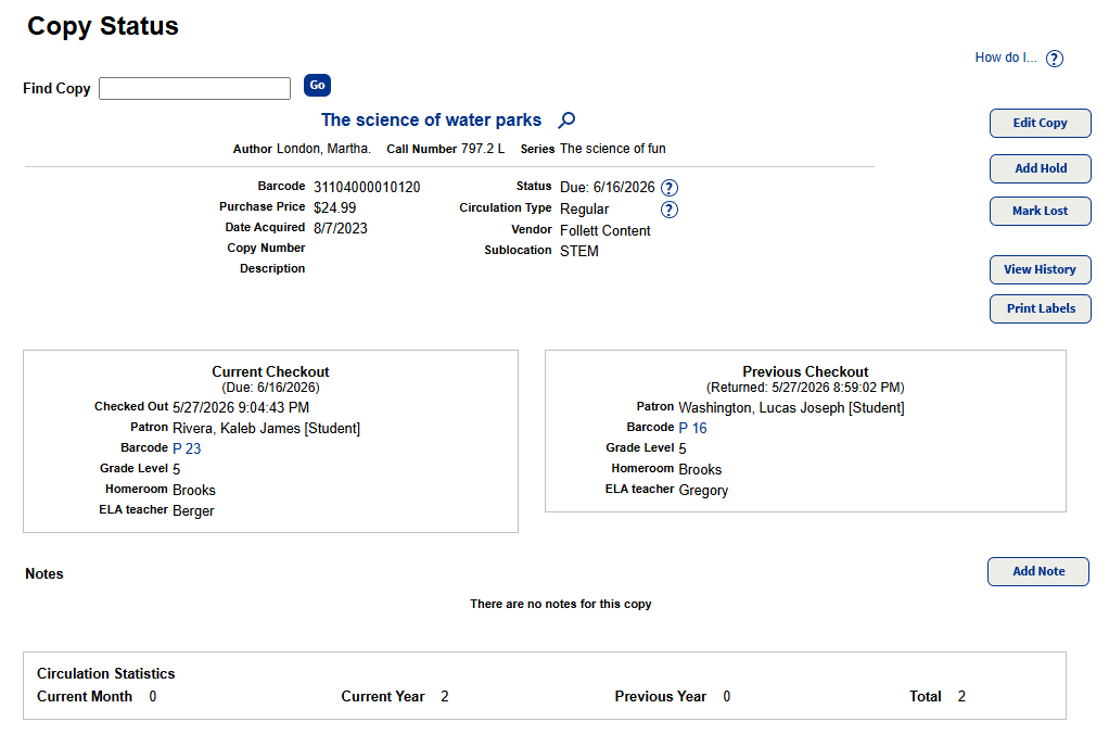 Copy Status page.