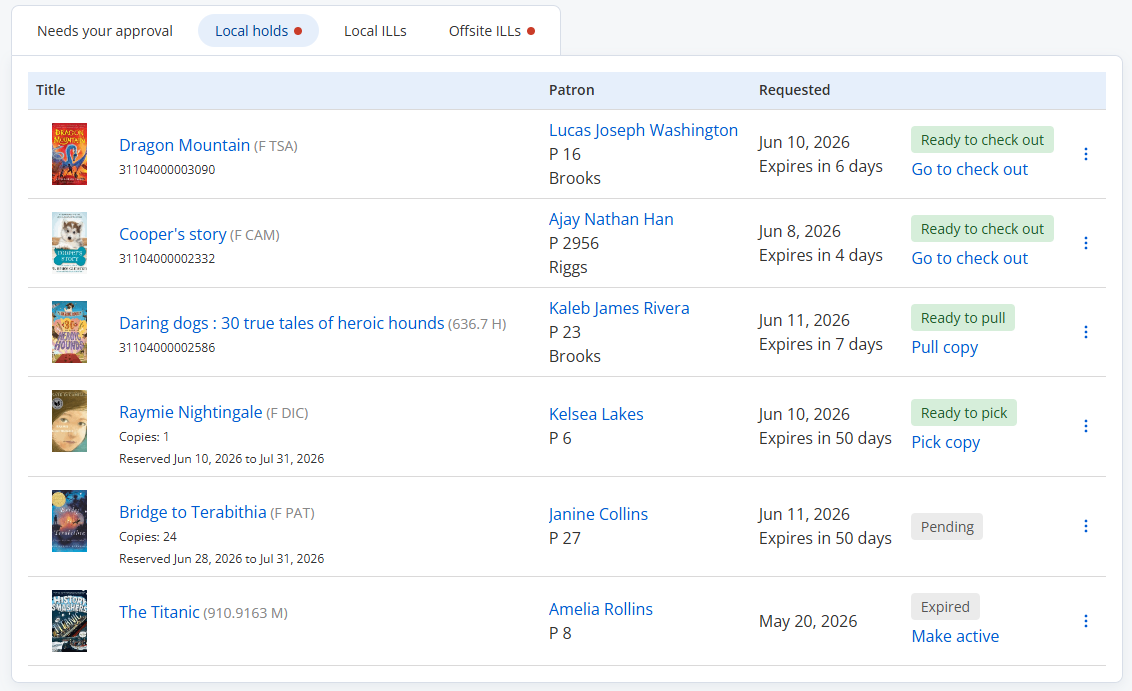 Holds and ILLs - View requests page, Local holds tab.
