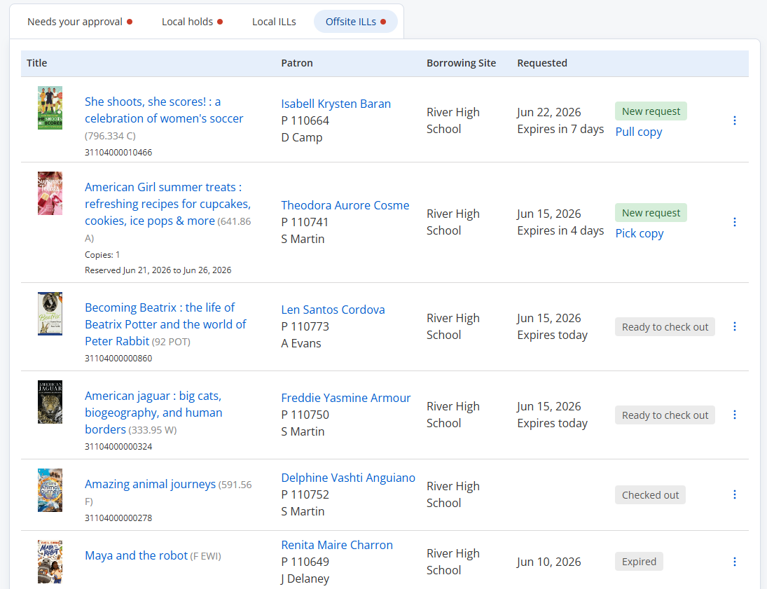 New View Requests page, Offsite ILLs tab.