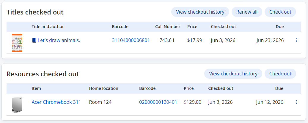 Patron Details page, "Titles checked out" and "Resource checked out" sections.
