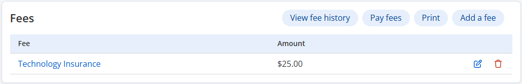 Patron Details page, Fees section.