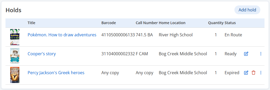 Patron Details page, Holds section.