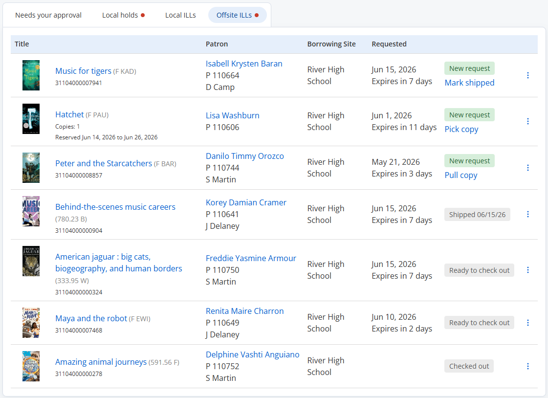 Hold requests - View Requests page, Offsite ILLs tab.