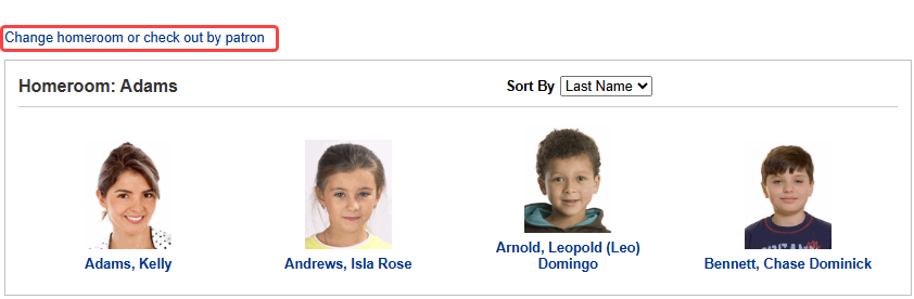 Homeroom Select Patron page with "Change homeroom or check out by patron" highlighted.