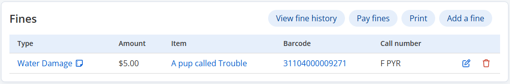 Patron Details page, Fines section.