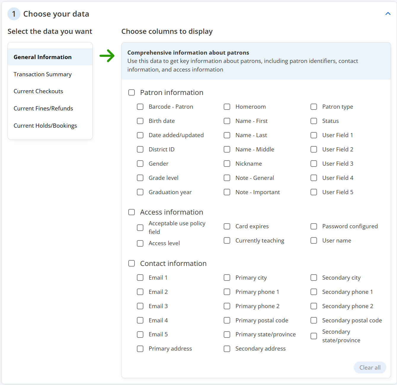 Report Builder "Choose your data" section.