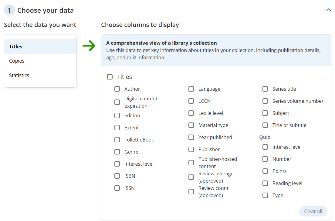 Report Builder "Choose your data" section.