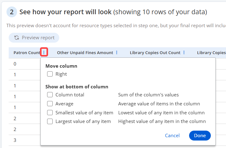 Report Builder 2.0 preview with column options displayed.