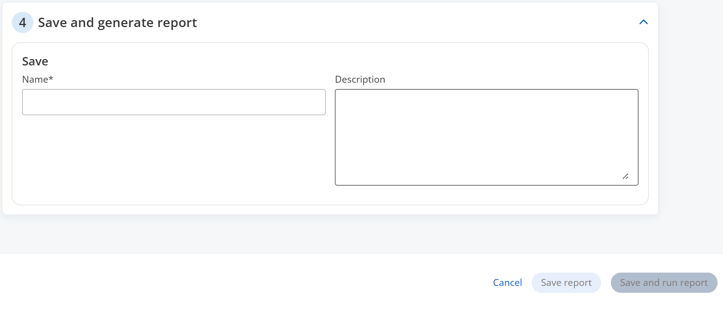 Report Builder 2.0 "Save and generate report" section.