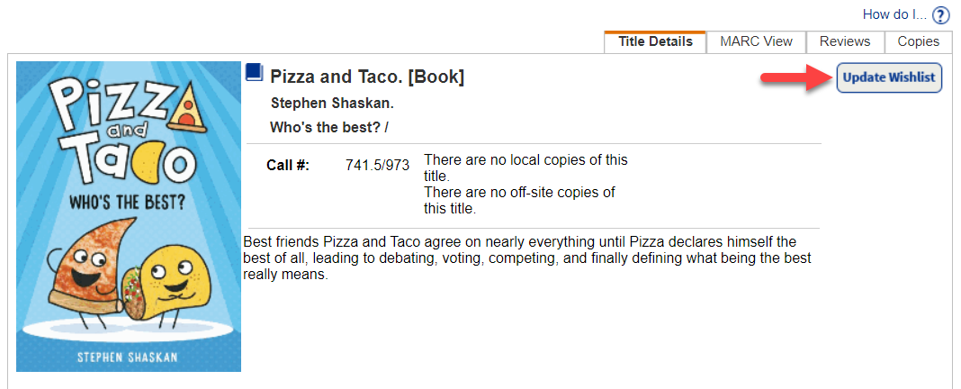 Title details page with Update Wishlist option highlighted.