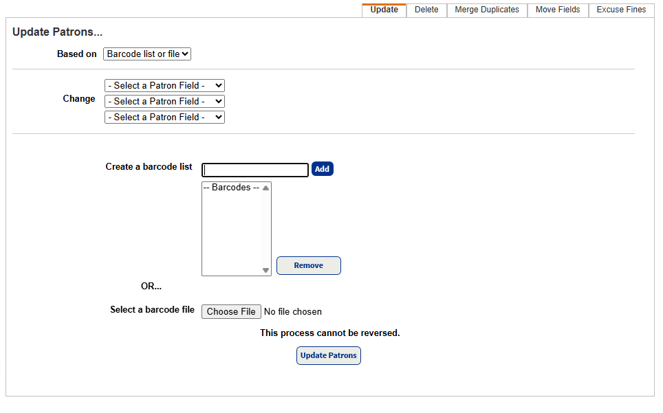 Update Patrons page Update Sub-menu based on Barcode list or file