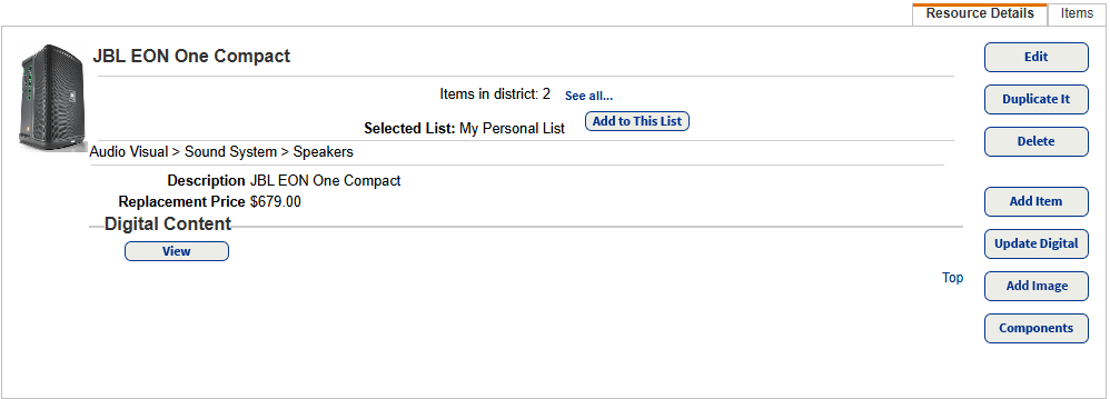 Resource Details sub-tab showing available Digital Content.