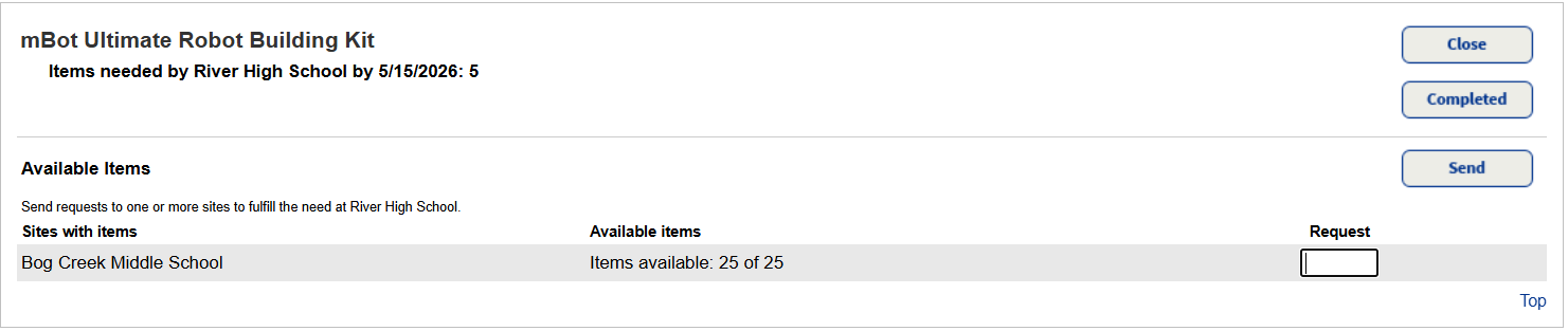 District requesting number of items from sending site.