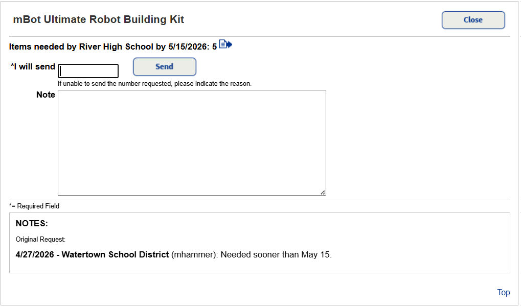 Site responding to district transfer request by confirming how many items they will send.
