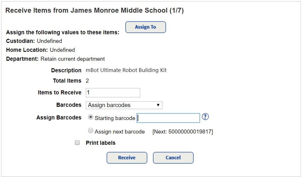 Page showing details for receiving unbarcoded resources.