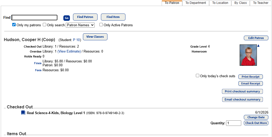 Unbarcoded item showing in the Checked Out section.