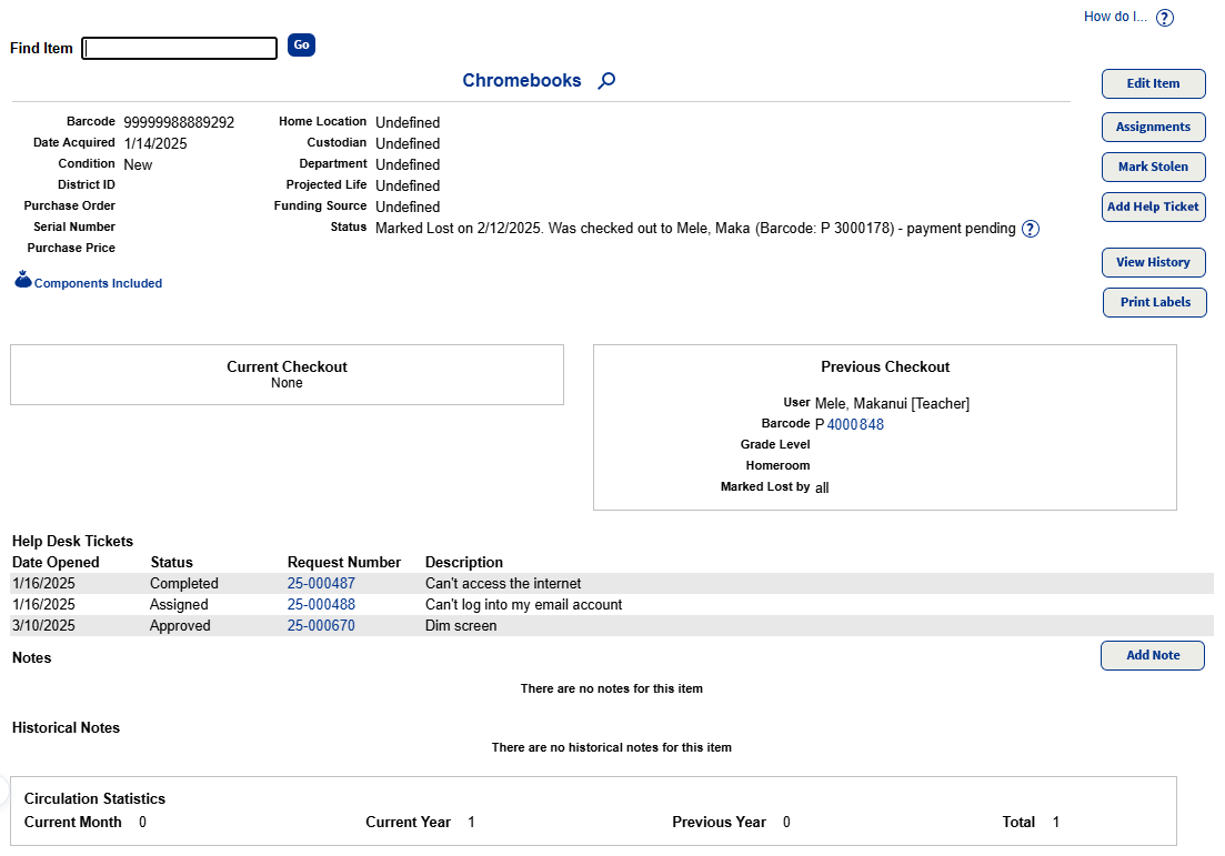 Item Status page for a Chromebook.