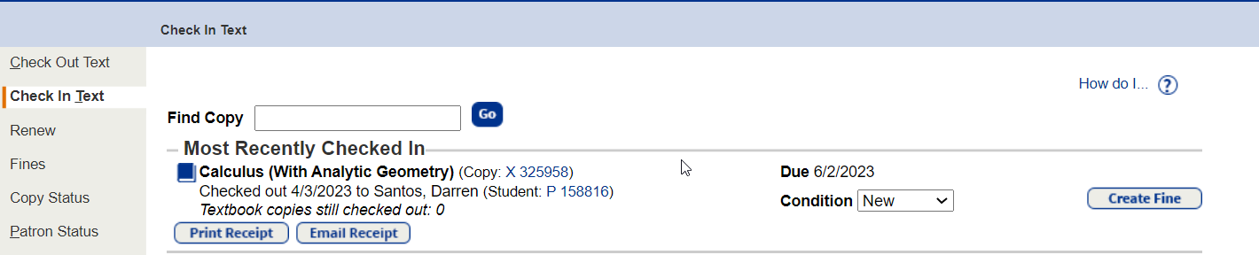Check In Text page with a checked-in textbook.